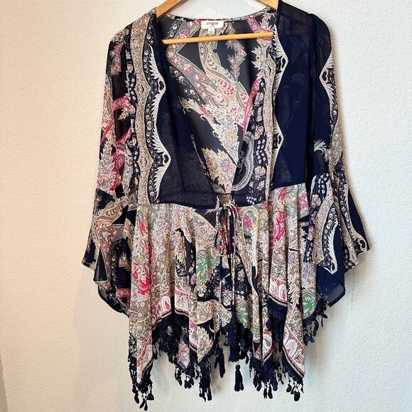 Umgee Navy Blue Abstract Paisley Oversized Boho Kimono - Size Small - EUC - Picture 1 of 7